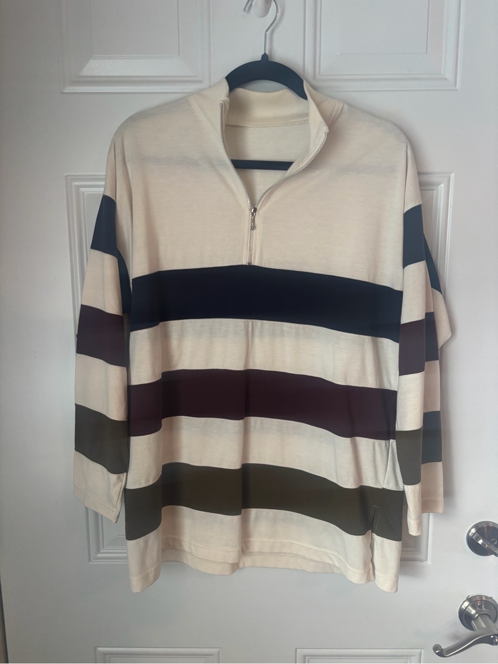 Source Unknown Cream V‑Neck Sweater with Navy, Brown and Olive Stripes